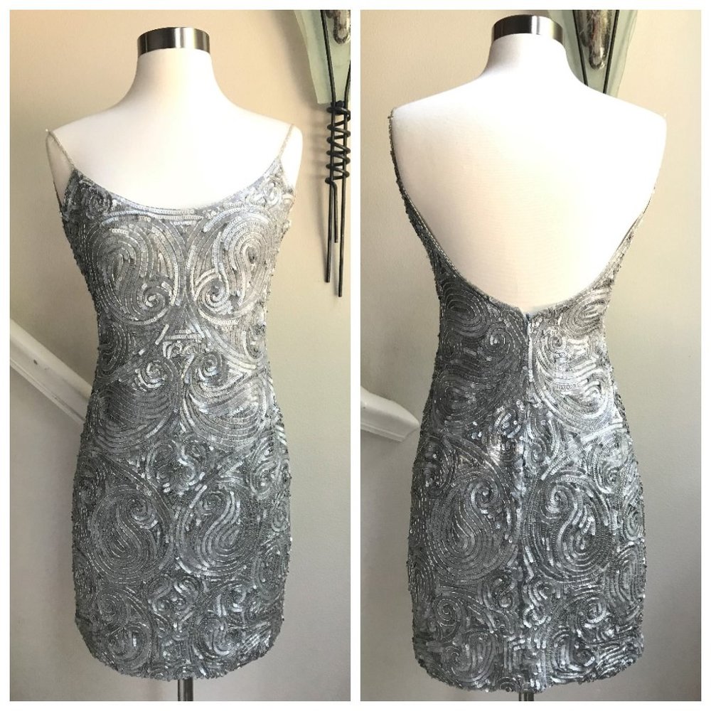 Naeem Khan Riazee Vintage Silver Beaded Mini Dress